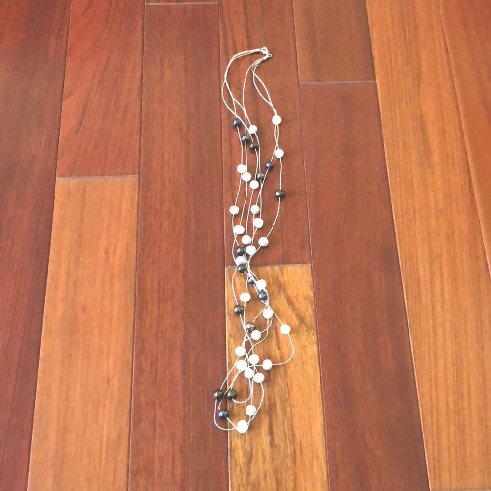 Freshwater pearl necklace - navy, white and gray